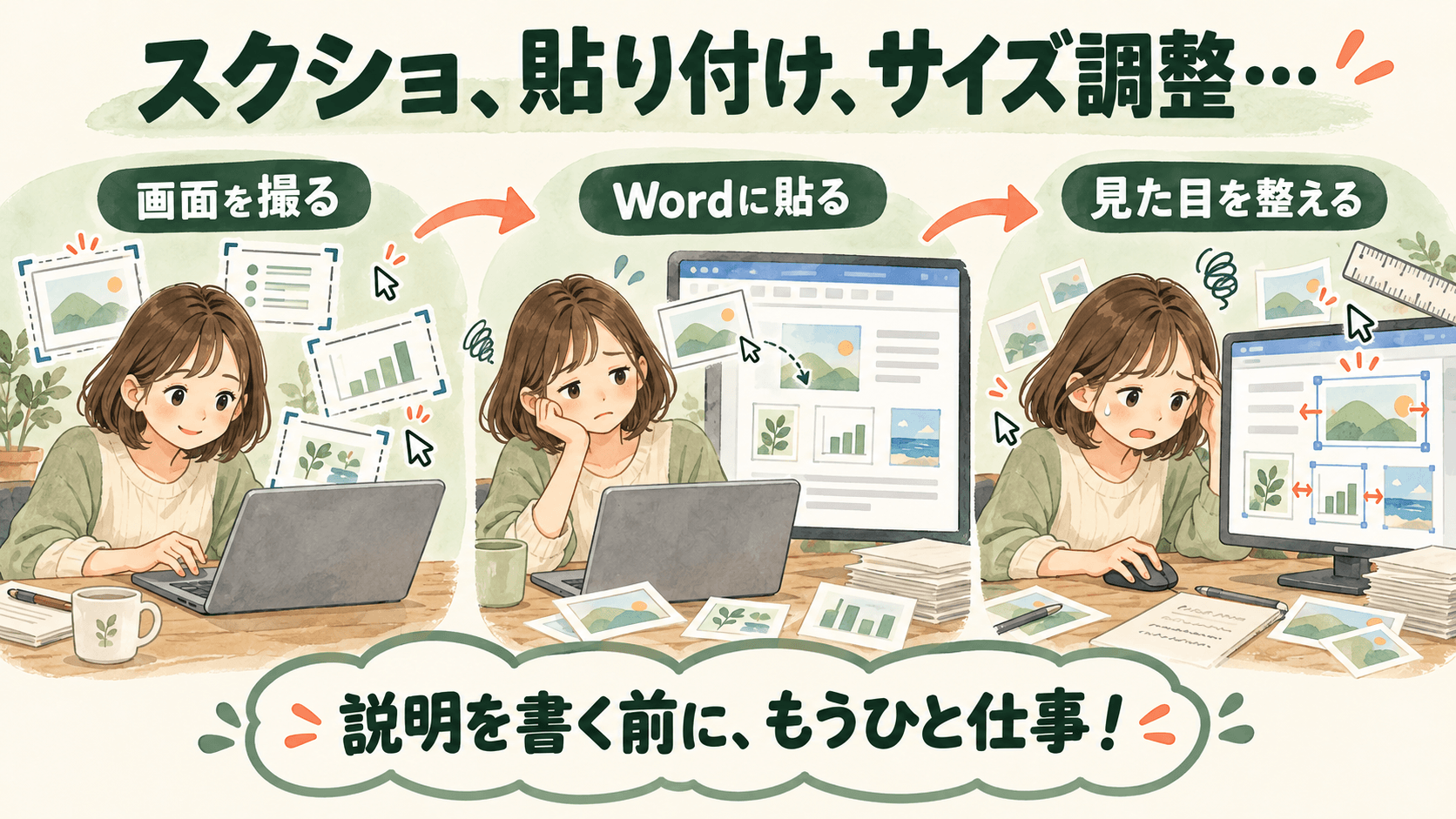 画面を撮り、Wordに貼り、サイズを調整する作業を繰り返して疲れてしまう様子