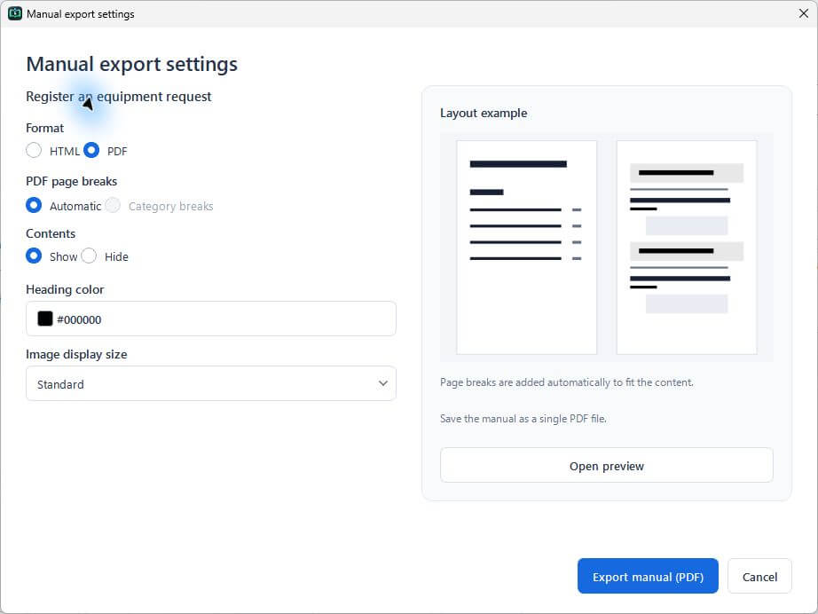 PDF export settings in the English app