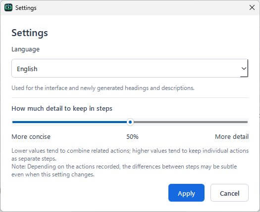 Language and step-detail settings in English